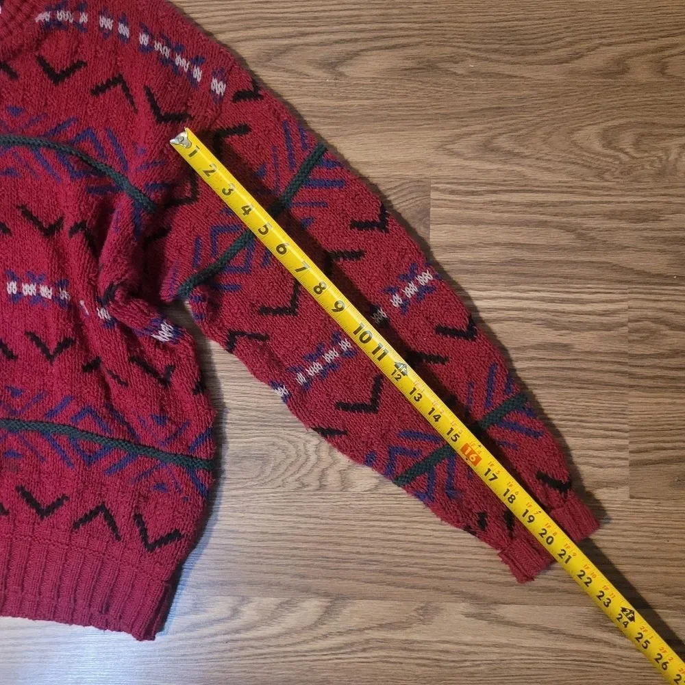 Red and Black Crewneck Sweater with Geometric Patterns